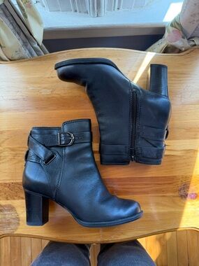 Clarks Black Leather Block Heel Ankle Boots with Buckle